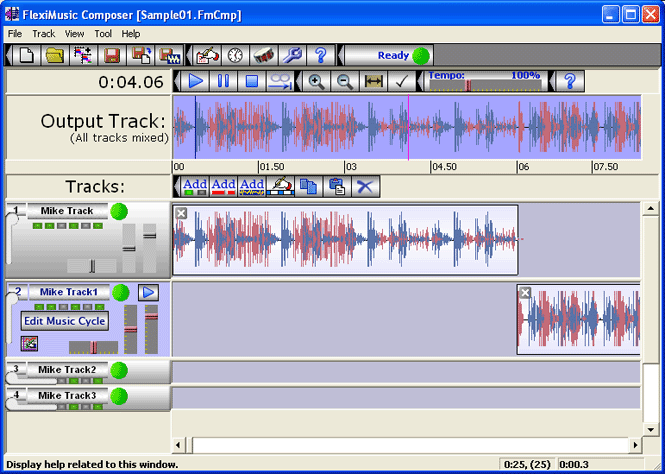 Using FlexiMusic Composer even layman can compose own songs and tunes at home easily by mixing various music pieces and samples of your choice. Various sounds can be created with just one sample. Composed song can be export as a WAV file.
